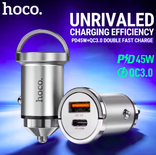 hoco PD45W QC3.0 car charger fast charging in-car Type-C PD 45W USB 18W dual port adapter mini USB-C for phones and tablets