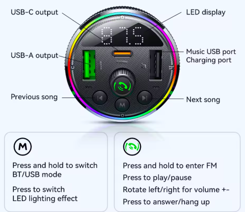 HOCO E82 Car Bluetooth 5.3 FM Transmitter For Wireless Hands Free Phone Call with PD30W QC3.0 Quick Charge Adapter LED Display