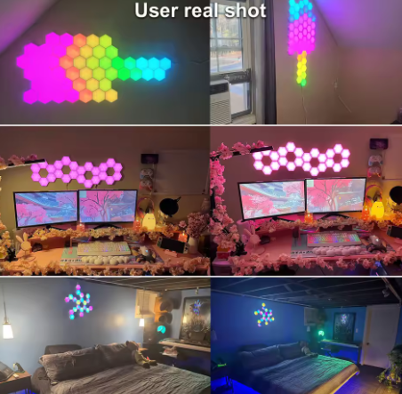 RGB Smart Hexagonal Wall Lamp Color Changing Ambient Night Light Hexagon DIY Shape Music Rhythm APP Game Room Bed Intelligent