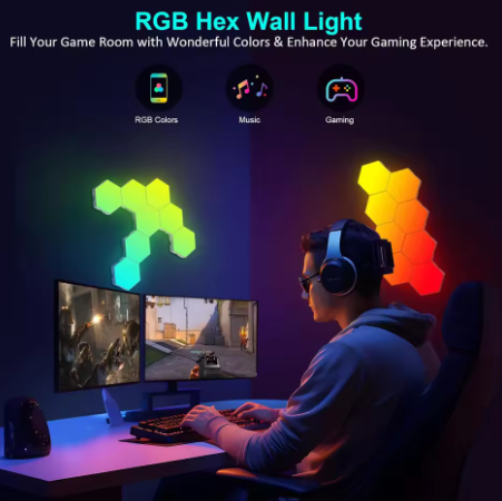 RGB Smart Hexagonal Wall Lamp Color Changing Ambient Night Light Hexagon DIY Shape Music Rhythm APP Game Room Bed Intelligent