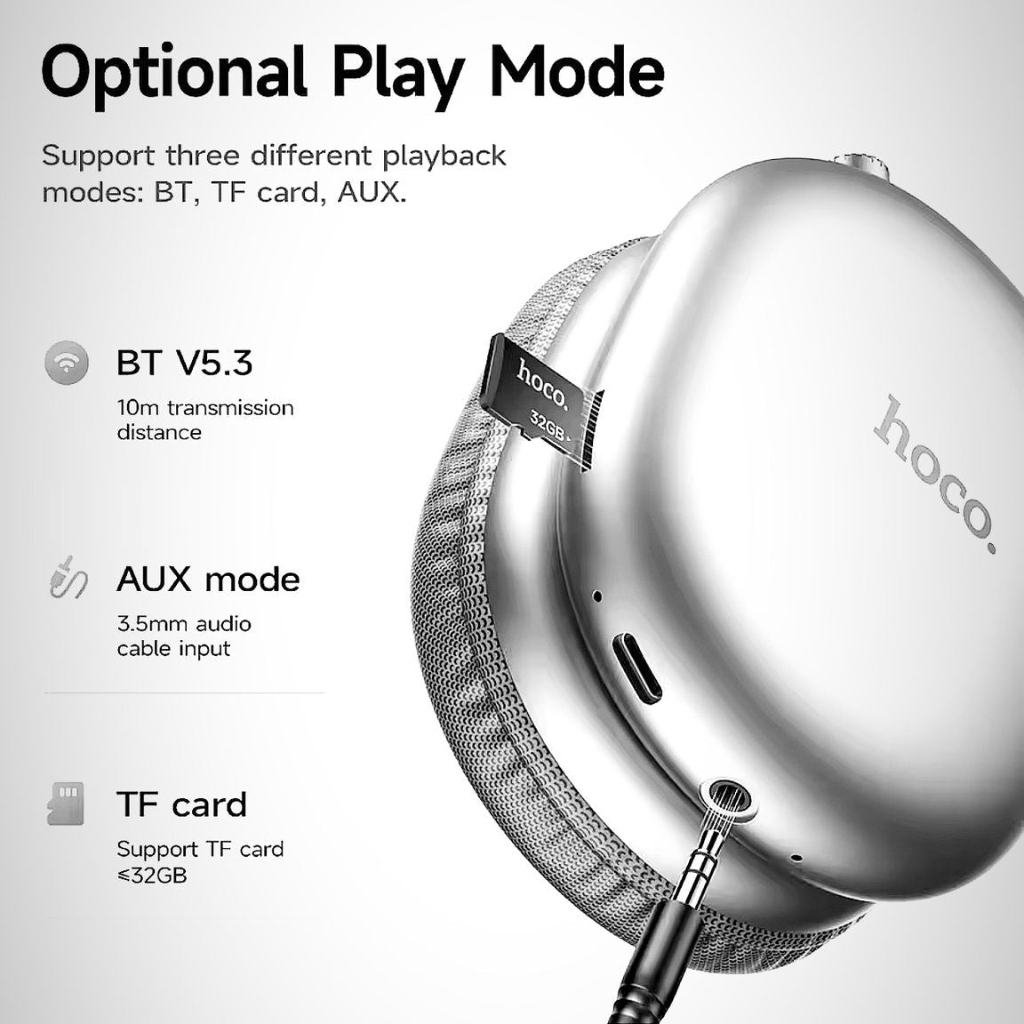 HOCO W35 Max Wireless HiFi Music Headphone 42mm Coil Speaker  Bluetooth 5.3 Sport Earphone Support AUX/TF Card Mode